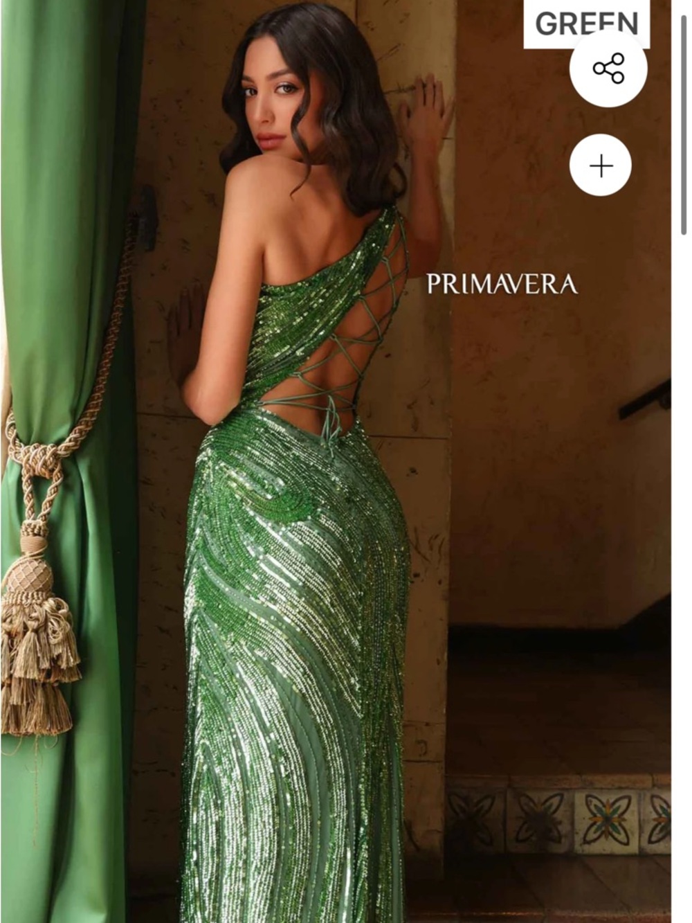 Primavera Couture Green Sequin One-Shoulder Gown - Picture 3 of 3